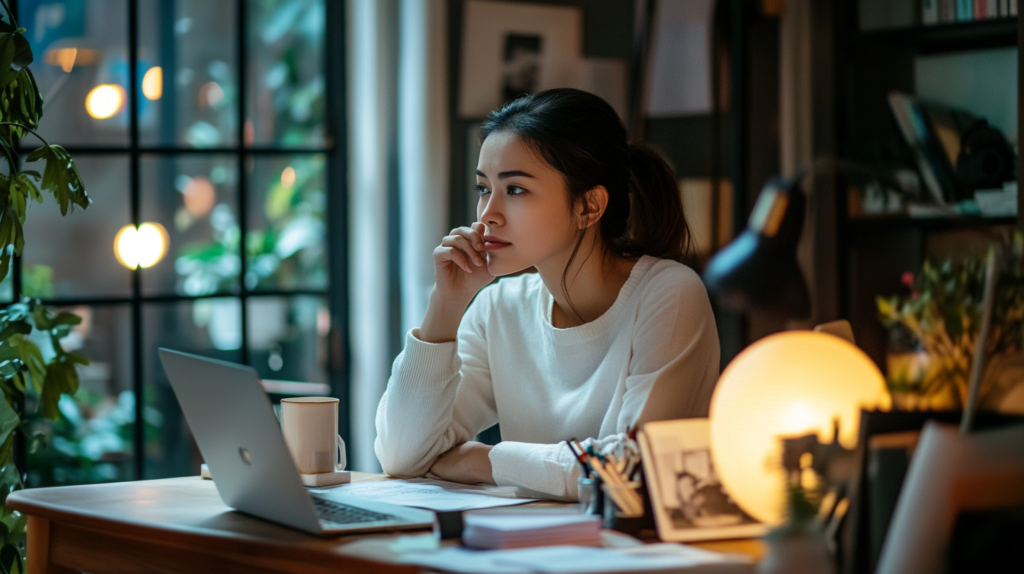 Woman thinking at her desk while journaling with daily journal prompts for self-reflection and personal growth.