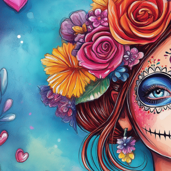 Detailed view of Set of 16 Day of the Dead Art Prints – Colorful 4x5 Inch Sugar Skull Artwork