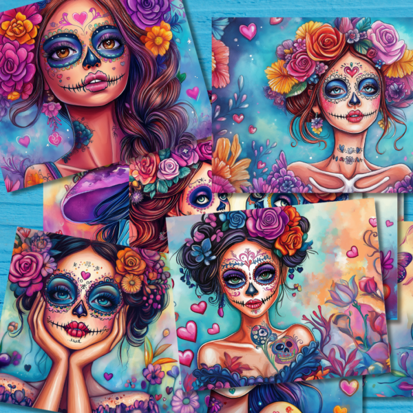 Set of 4x5 Inch Day of the Dead Art Prints – Colorful Sugar Skull Artwork Collection This includ