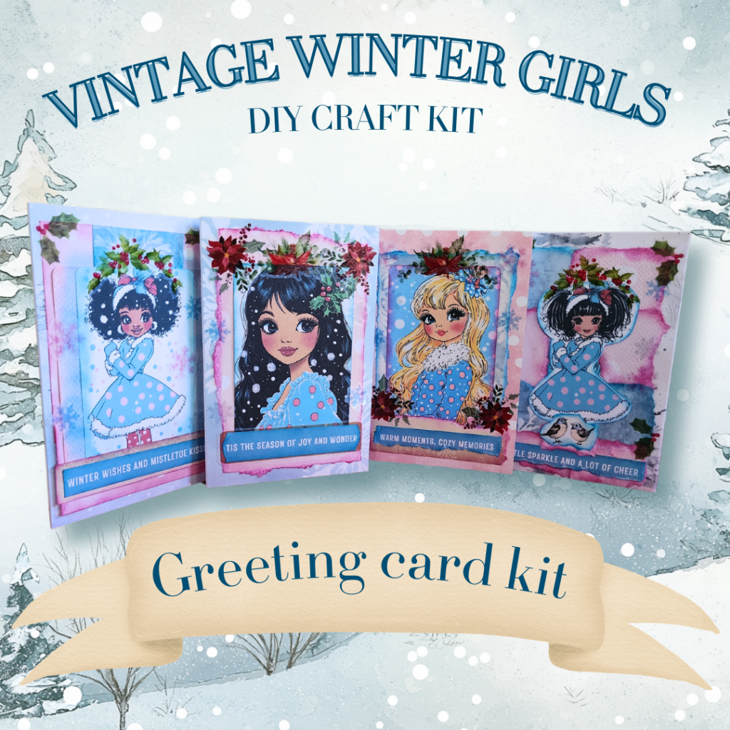 Vintage Winter Girls DIY Greeting Card Kit featuring holiday-themed cards, perfect for crafting unique and personalized Christmas greetings.