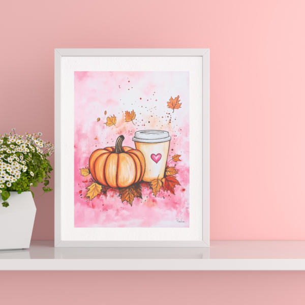 Fall art print featuring a pumpkin, coffee cup with heart, and autumn leaves on a pink background