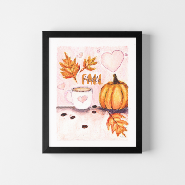 Fall art print featuring pumpkin, coffee cup, and autumn leaves with the words "Hello Fall"