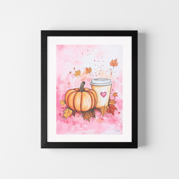 Fall-themed art print with pumpkin, coffee cup, and autumn leaves on pink background