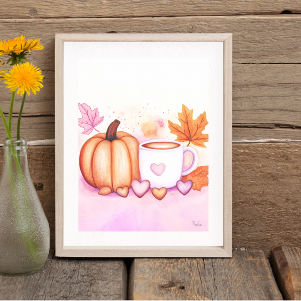 Cozy Fall Pumpkin Art Print with Coffee Cup and Autumn Leaves on Watercolor Paper