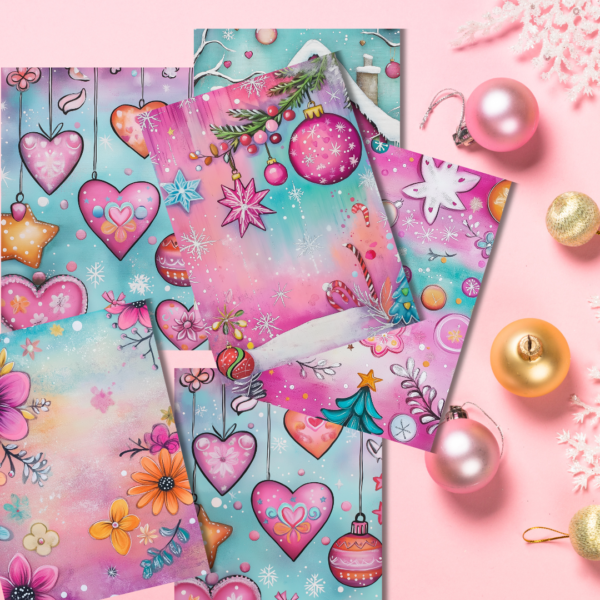 Mystery Holiday Scrapbook Paper Pack – 4 Sheets with Festive Hearts, Ornaments, and Floral Designs on Cotton Linen Paper