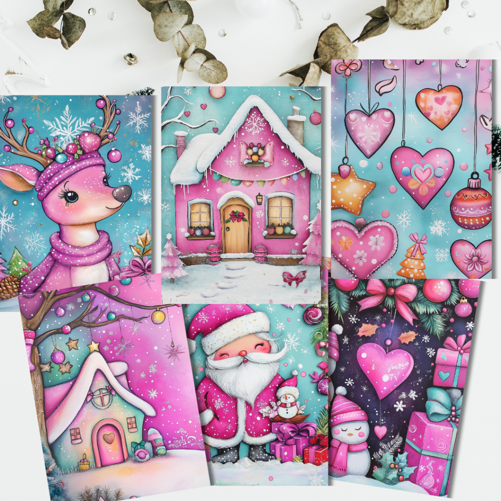 Mystery Holiday Scrapbook Paper Pack – 4 Sheets with Festive Cottage, Reindeer, and Heart Designs on Cotton Linen Paper