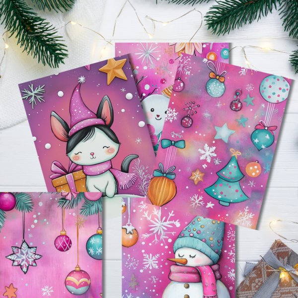 Mystery Holiday Scrapbook Paper Pack – 4 Sheets of Festive Winter Designs, Featuring Cute Holiday Characters and Ornaments