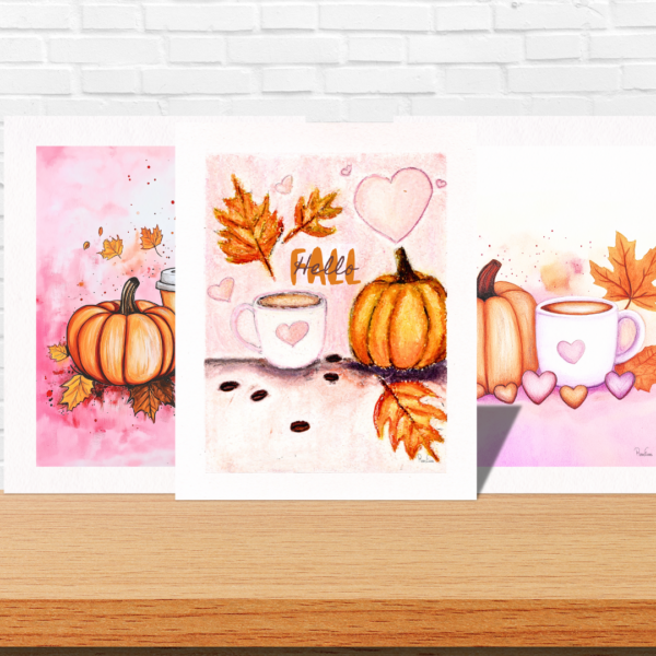 Cozy Fall Pumpkin Art Prints - Set of 3 - Watercolor, Pencil, and Marker Seasonal Decor on Premium Watercolor Paper