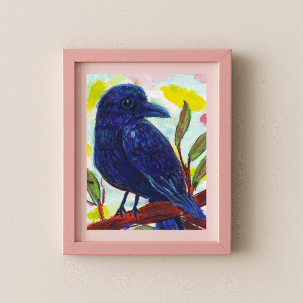 Whimsical Raven Art Print framed in pink – colorful fantasy bird wall art reproduction in gouache, acrylic, and marker