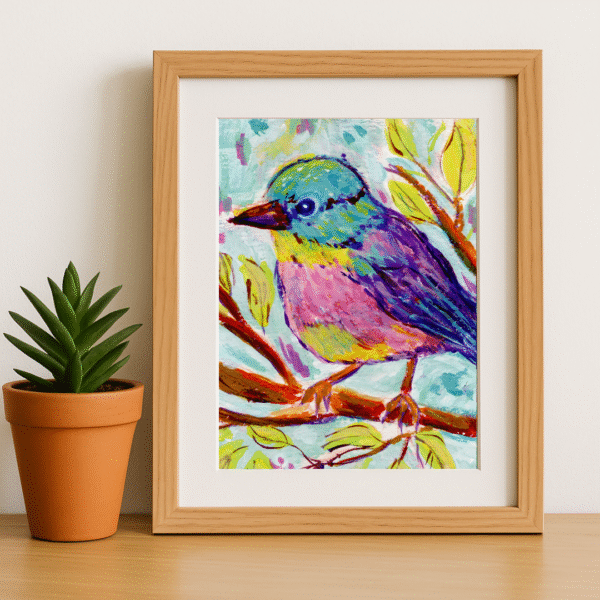 5x7 art print of a colorful bird in a light wooden frame next to a terracotta potted succulent on a wood surface