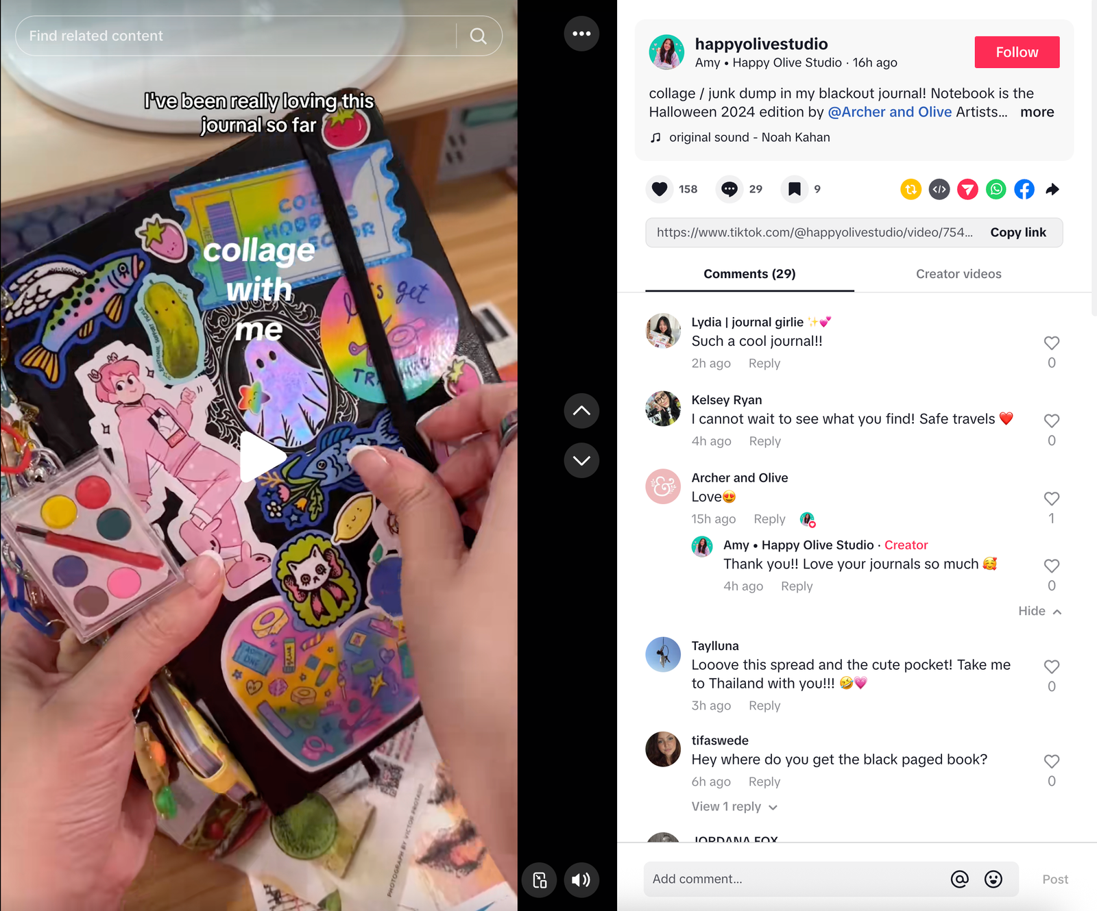 Creative journaling for beginners TikTok screenshot with junk journaling supplies—stickers, washi tape, and vintage collage papers on a desk.