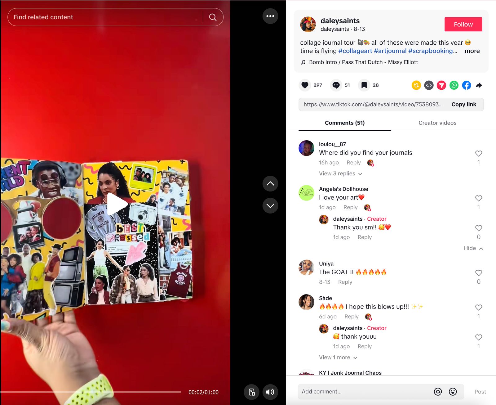 Creative journaling for beginners TikTok screenshot—hand holding a bold gluebook collage against a red background with magazine cutouts, stickers, and washi.