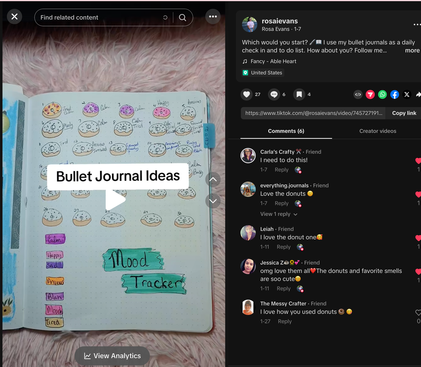 Creative journaling for beginners bullet journal ideas—open dot-grid notebook with pastel doodles, mood & habit trackers, washi tape, and stickers (TikTok screenshot).