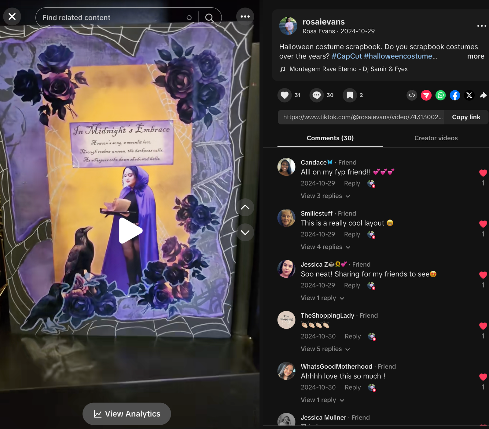 Creative scrapbook journaling for beginners purple collage—open notebook page with yellow focal panel, floral borders, vellum-style label, and silhouette stickers (TikTok screenshot).