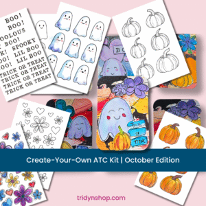 Create-Your-Own ATC Card Kit with 10 pre-cut 2.5x3.5 watercolor cards, ghosts, pumpkins, flowers, and hearts for Halloween artist trading cards