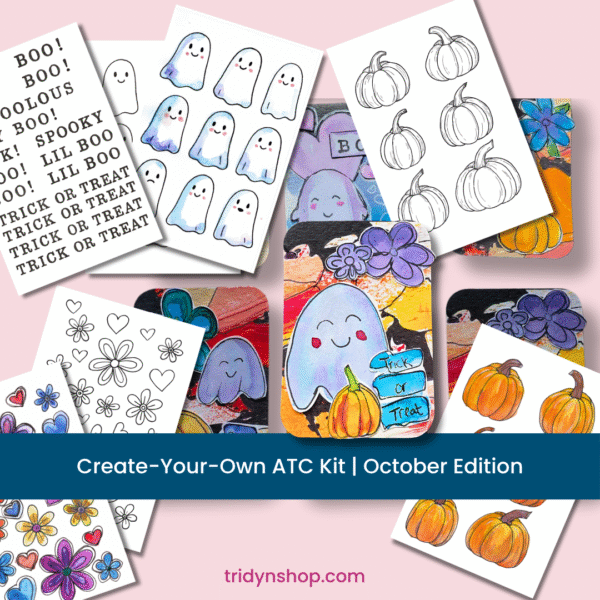 Create-Your-Own ATC Card Kit with 10 pre-cut 2.5x3.5 watercolor cards, ghosts, pumpkins, flowers, and hearts for Halloween artist trading cards