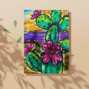 Cactus Flower 5x7 Print showing a vibrant prickly pear cactus with pink blossoms against a sunset sky, high-quality inkjet on archival art paper, unframed
