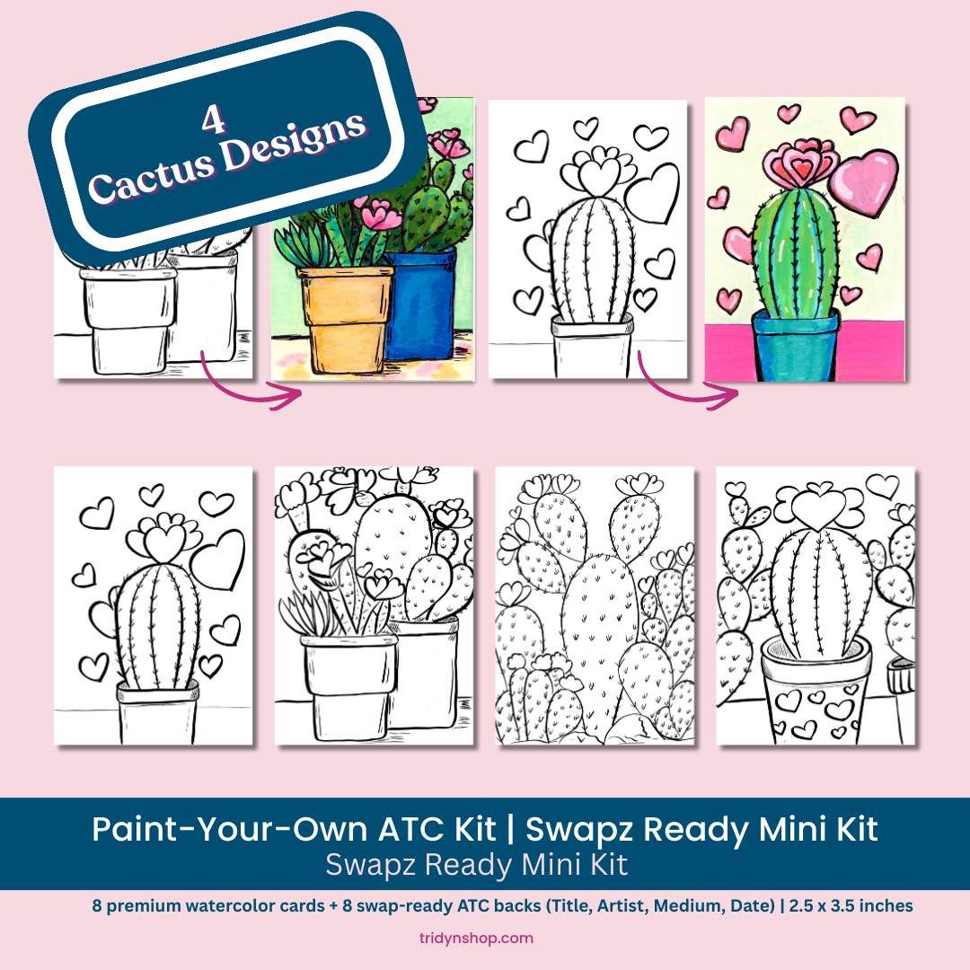 Paint Your Own ATC Kit cover showing 4 cactus ATC designs and swapz ready mini kit details
