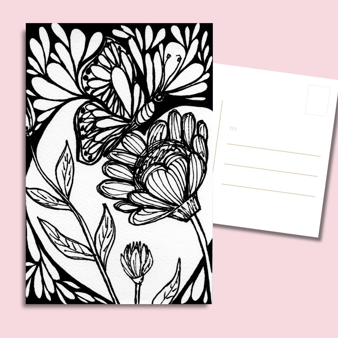 floral doodle postcards set—black and white butterfly with flowers design on glossy 4x6, 14 pt (300 gsm)