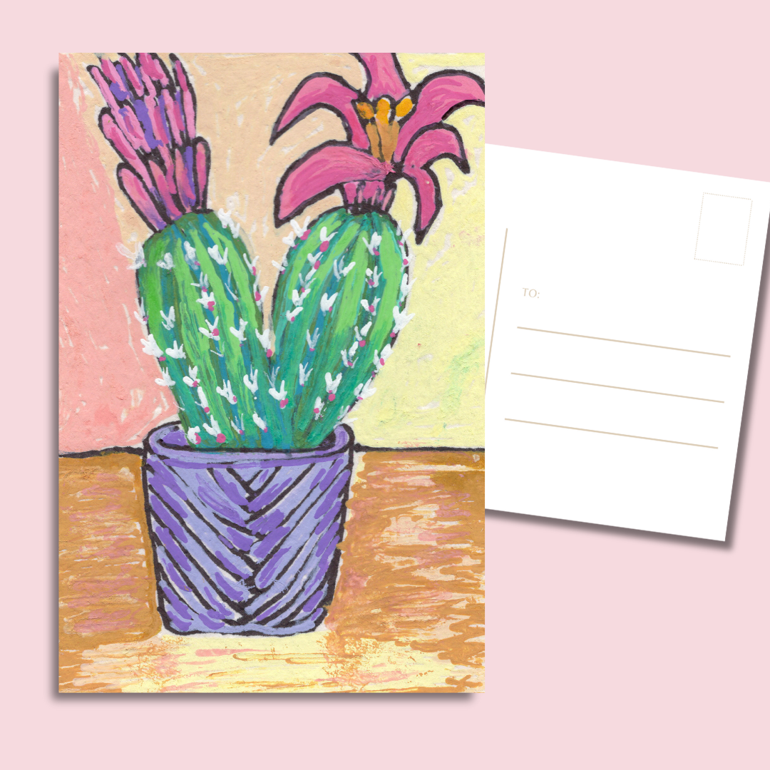 cactus postcard set 4x6 pastel tabletop cactus with pink flowers in textured pot