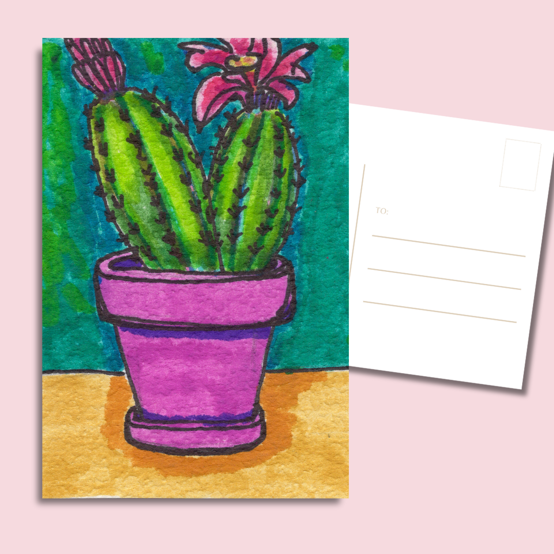 cactus postcard set 4x6 potted cactus with pink blossom, teal background, magenta planter