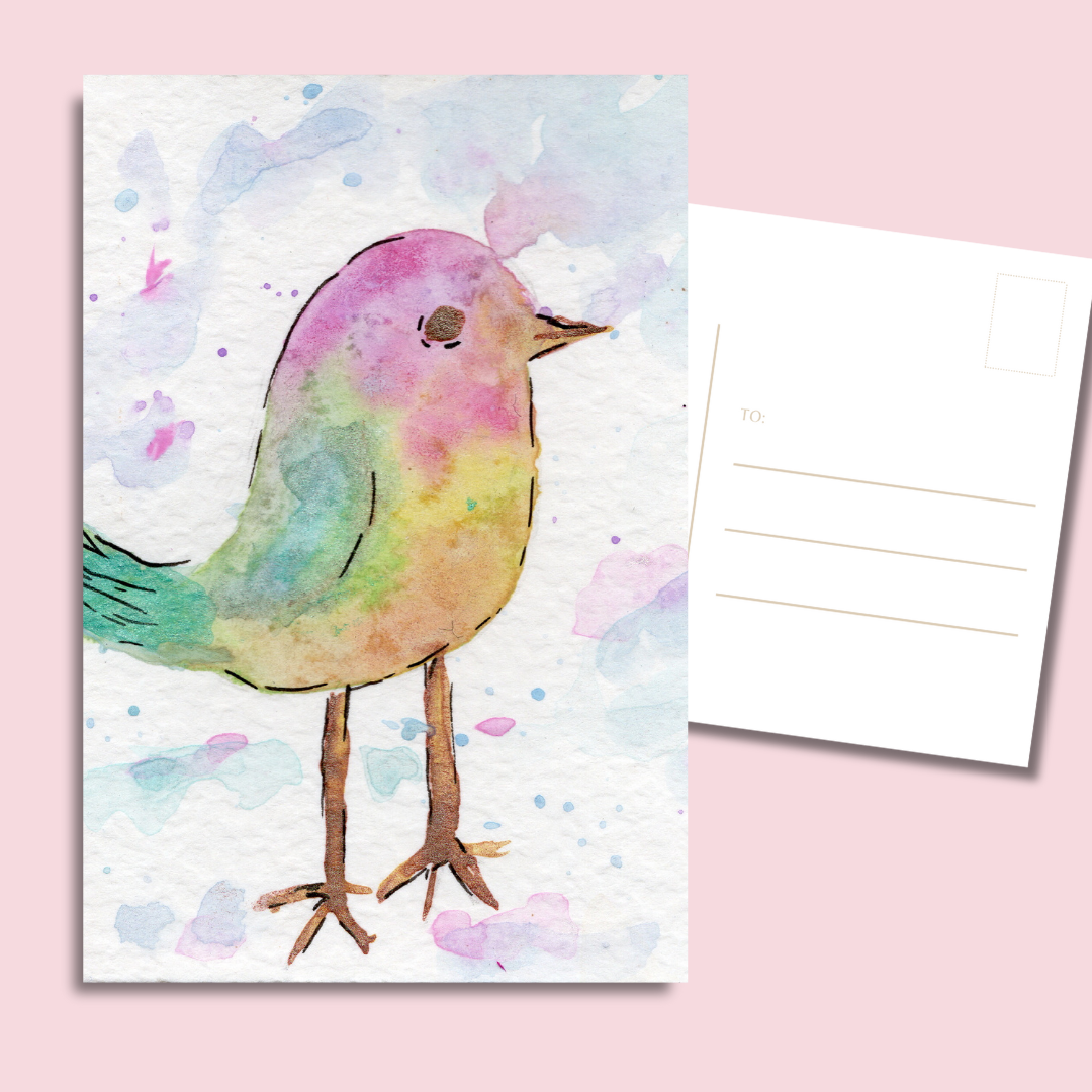 whimsical bird postcards featuring a soft pastel watercolor bird with tiny legs and rainbow wash