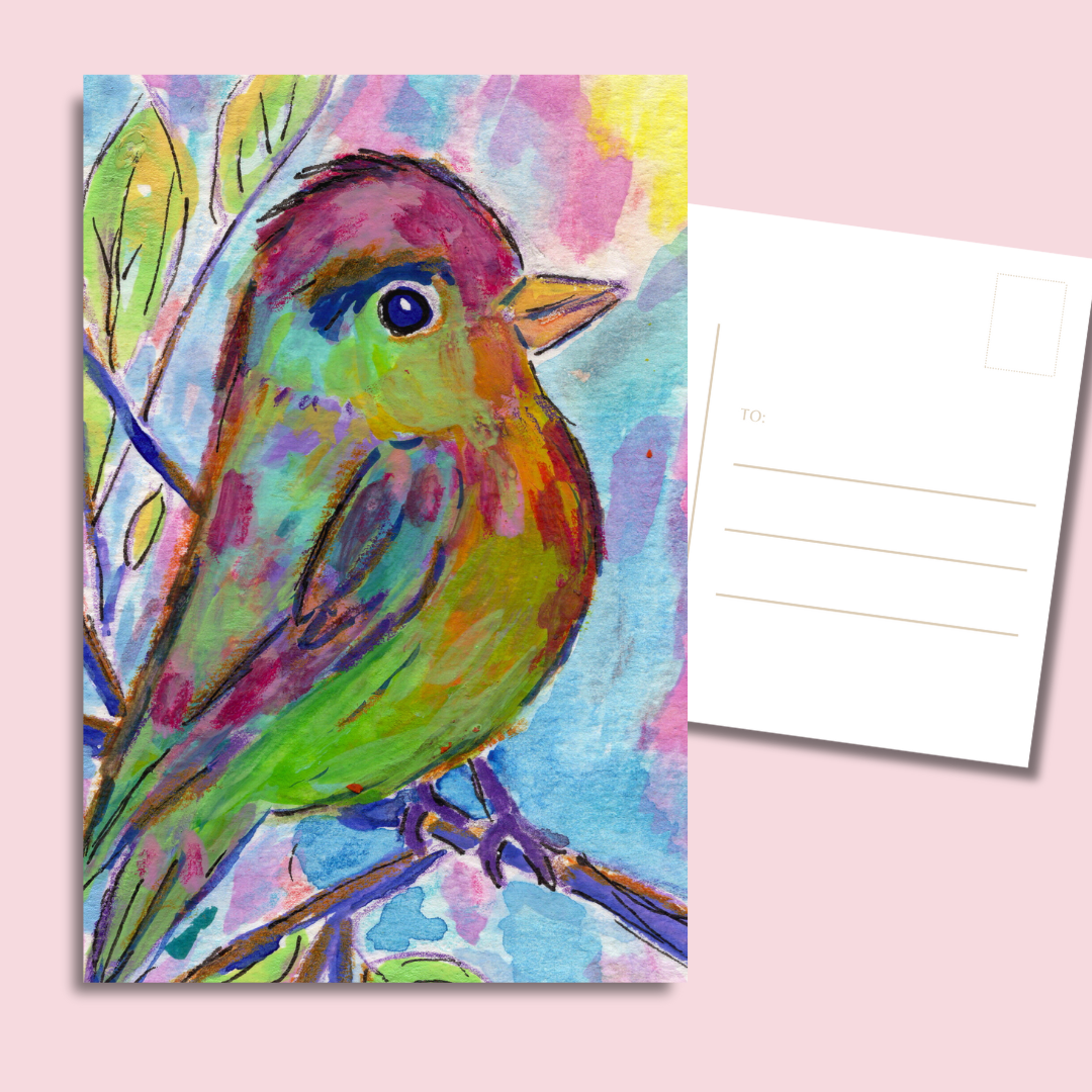 whimsical bird postcards with a vivid multicolor bird perched on a branch, painterly brushstrokes