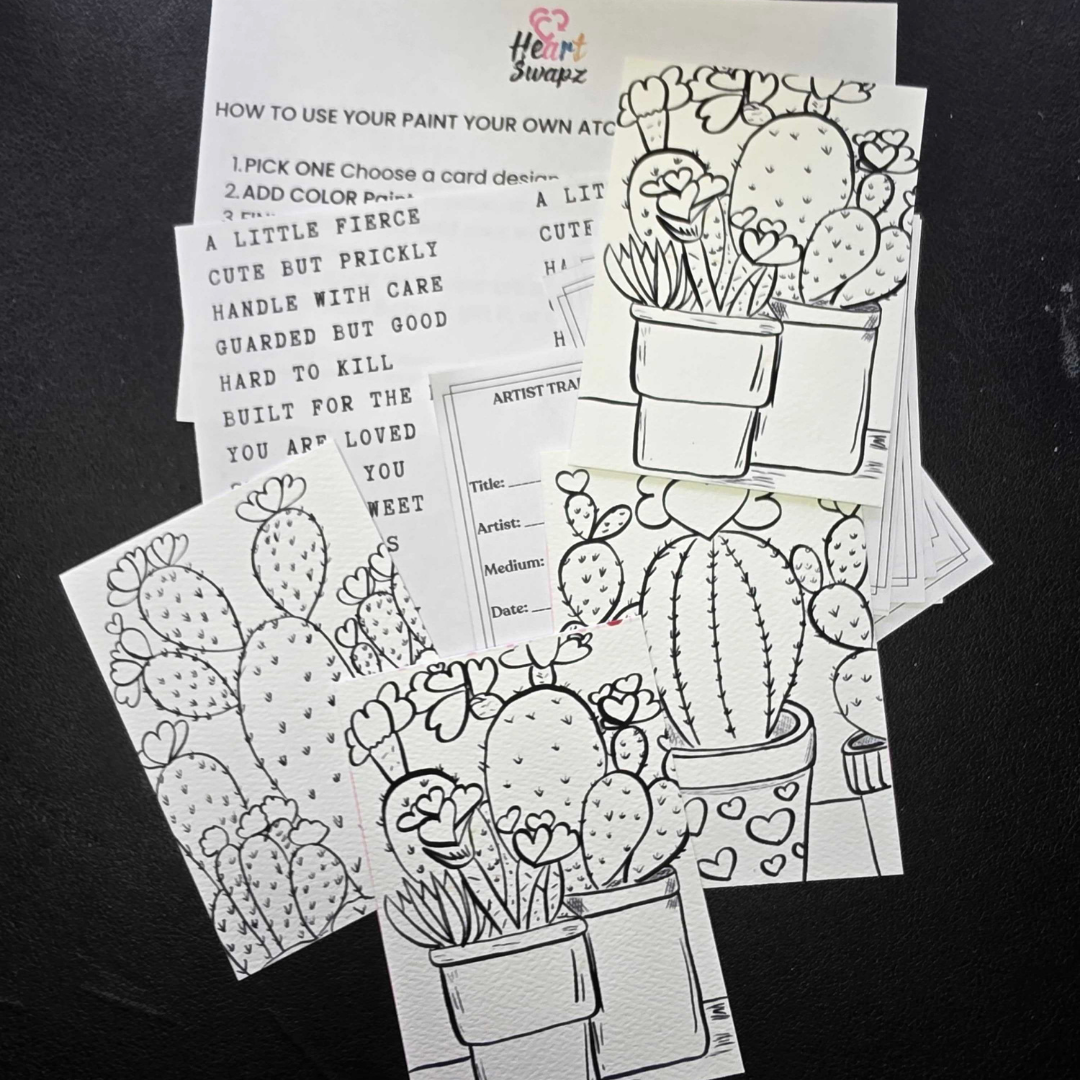 Paint Your Own ATC Kit cactus theme contents shown with cactus line art ATC cards, instruction sheet, and word strips