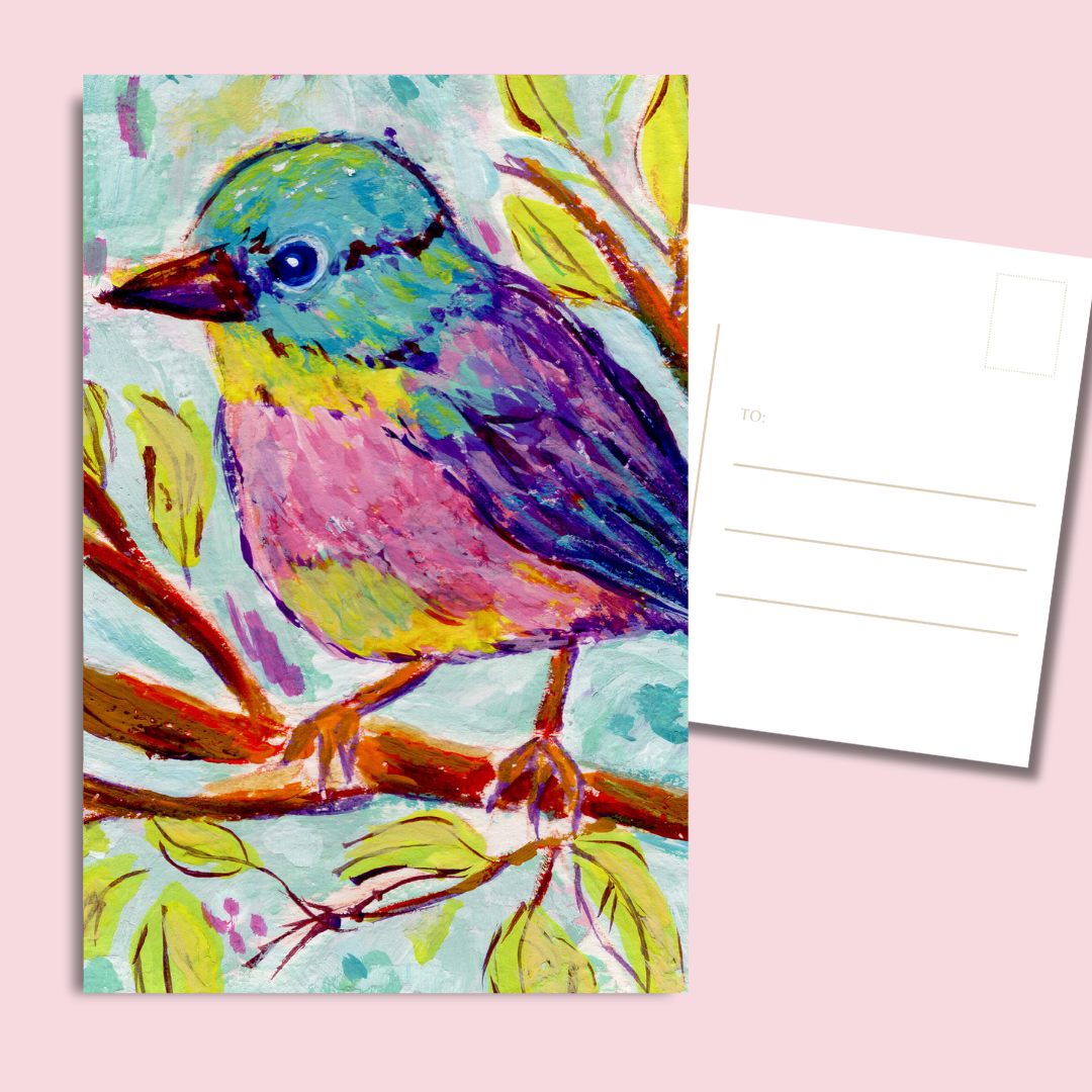whimsical bird postcards with teal, pink, and yellow songbird on leafy branch