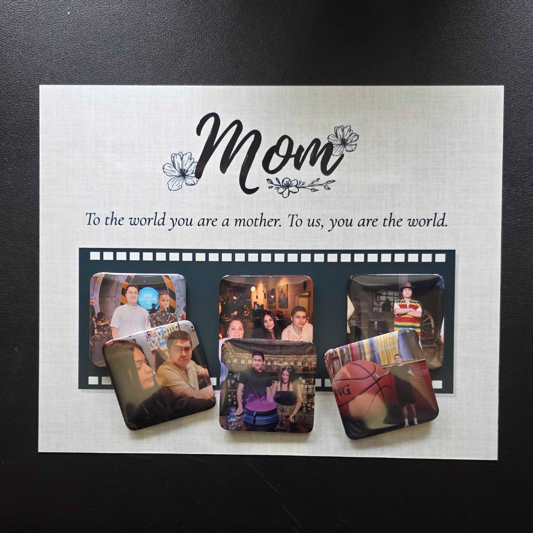 8x10 swappable photo frame displaying three 2×2 photo magnets in a filmstrip layout, ready to refresh with the remaining tiles