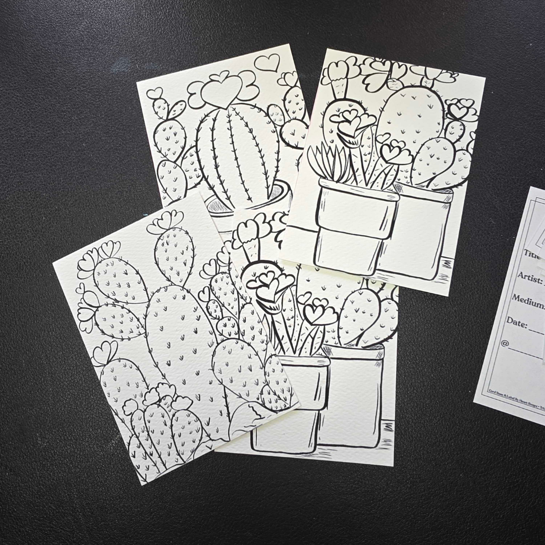 Paint Your Own ATC Kit cactus theme showing four black and white cactus line art ATC cards ready to paint