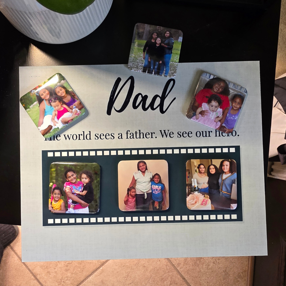 Dad swappable photo frame flat lay with magnetic photo tiles – HeartSwapz Memory Kit
