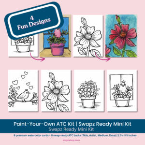 Paint Your Own ATC Kit with watercolor-ready ATC designs and swap-ready backs, 2.5x3.5 mini cards